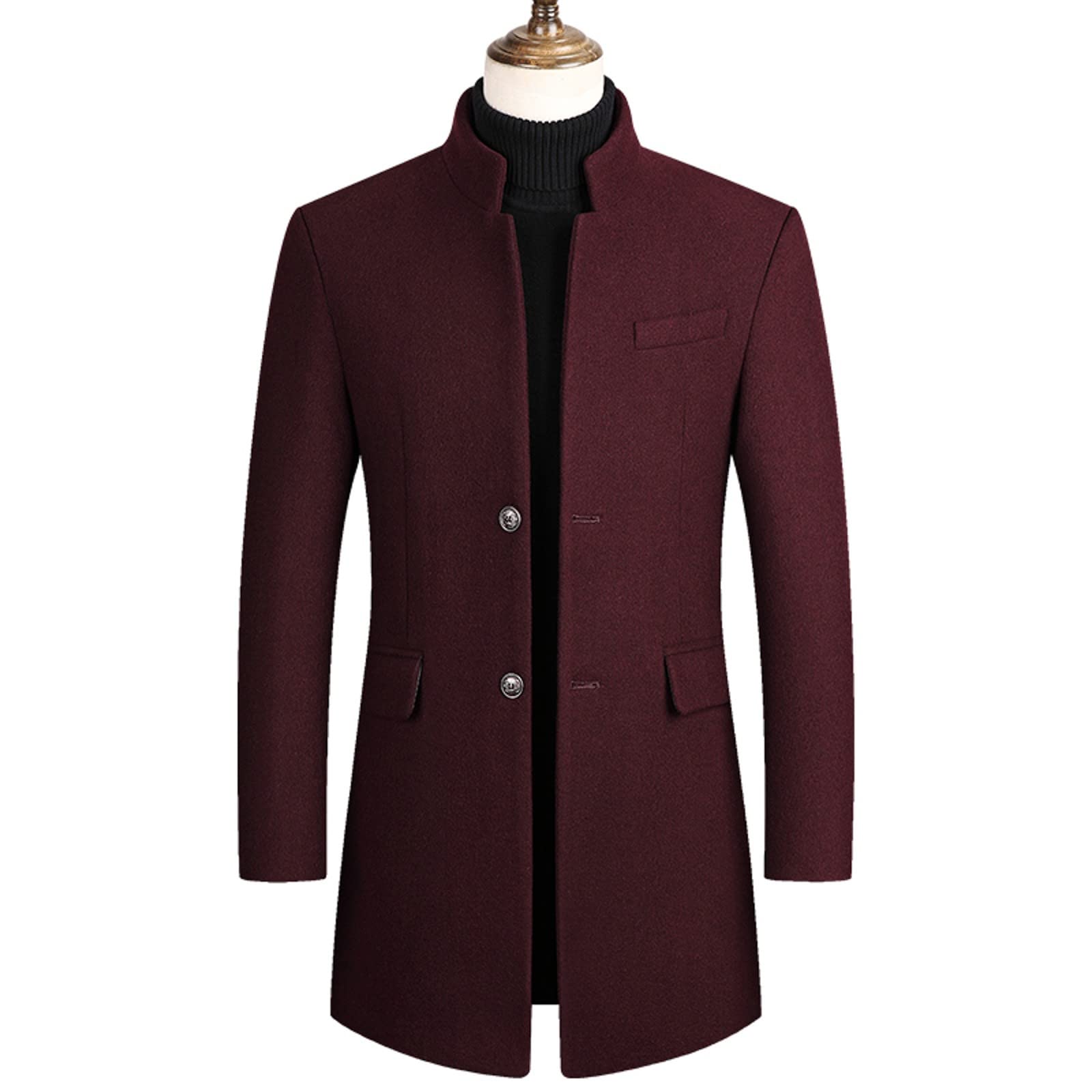 Abrigo de lana y gabardina para hombre | Diseño de longitud media de un solo pecho con cuello alto y tela de lana gruesa | Chaqueta cálida de invierno para un estilo casual elegante, ropa ajustada