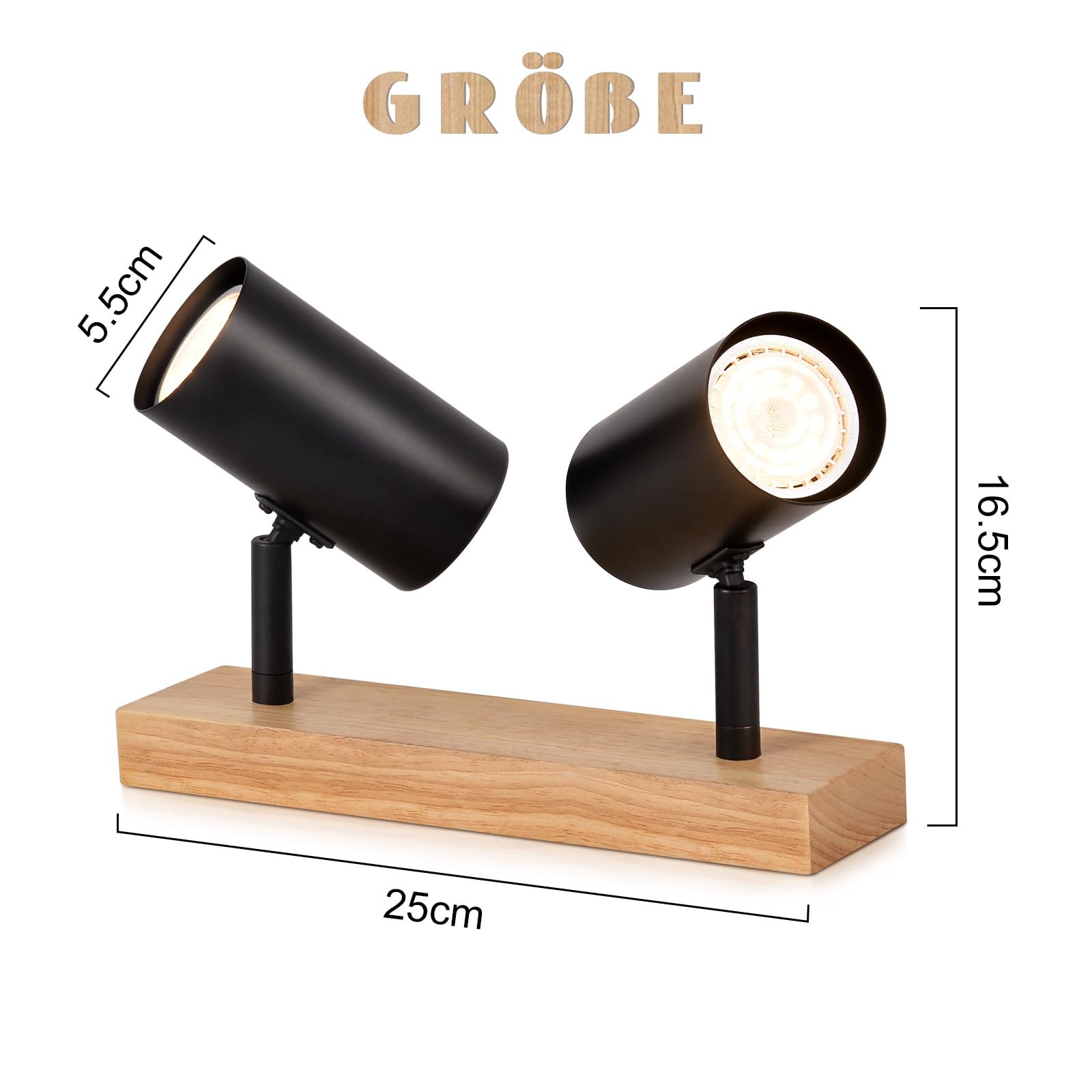 Glitzerlife Deckenstrahler 2 Flammig Deckenlampe Holz - Flurlampe Deckenspots GU10 Deckenleuchte Schwarz 350° Schwenkbar Vintage Industrial Retro für Flur Wohnzimmer Schlafzimmer Küche Esszimmer