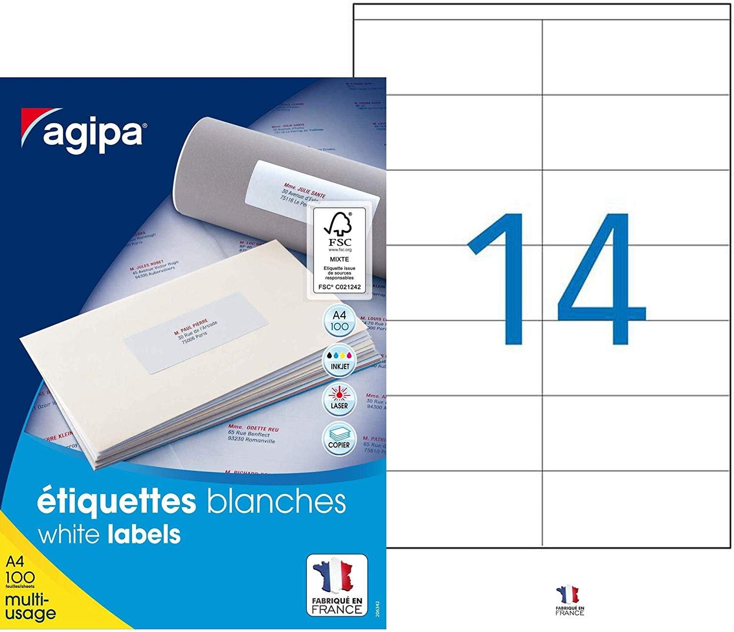 Agipa Box of 1400 White Labels for Inkjet/Laser Printers and Photocopiers 105 x 42mm