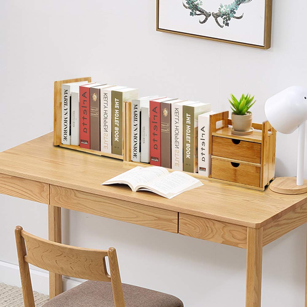 Bambus ausziehbares Schreibtisch-Bücherregal, verstellbar Holz, Schreibtisch-Organizer, Regal mit 2 Schubladen, natürliches Bambusholz Regalregal, DIY Mini Book Case mit 2 Schubladen