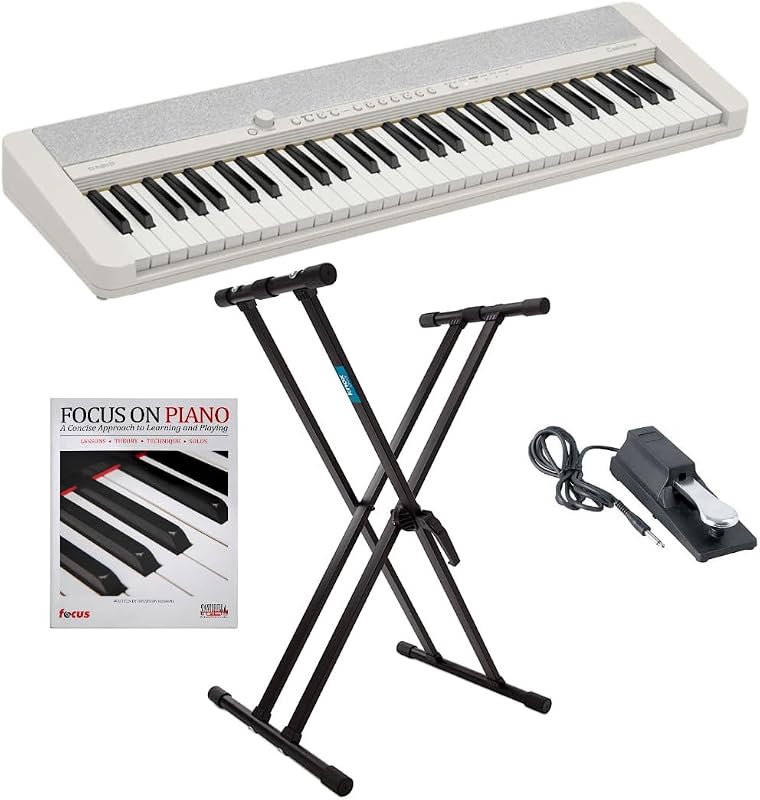 Casio Casiotone CT-S1 Paquete de piano portátil de 61 teclas | Incluye soporte de teclado ajustable, pedal de sostenido estilo y libro de aprendizaje. con respuesta táctil (blanco)