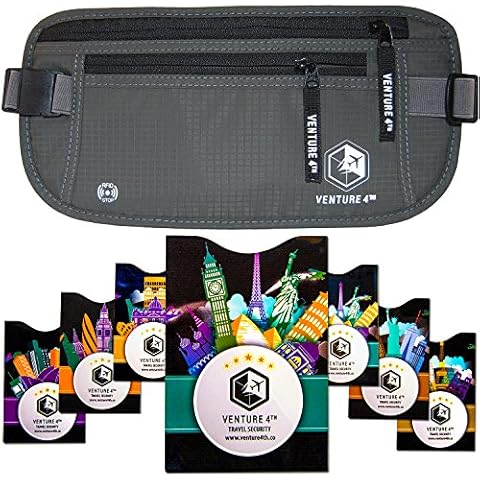 VENTURE 4TH Slim Minimalist Design RFID Money Belt with RFID Blocking Sleeves, for Men and Women – Ideal for Keeping Your Cash, Credit Card, Passport, Phone Secure When Traveling - Gray Cover