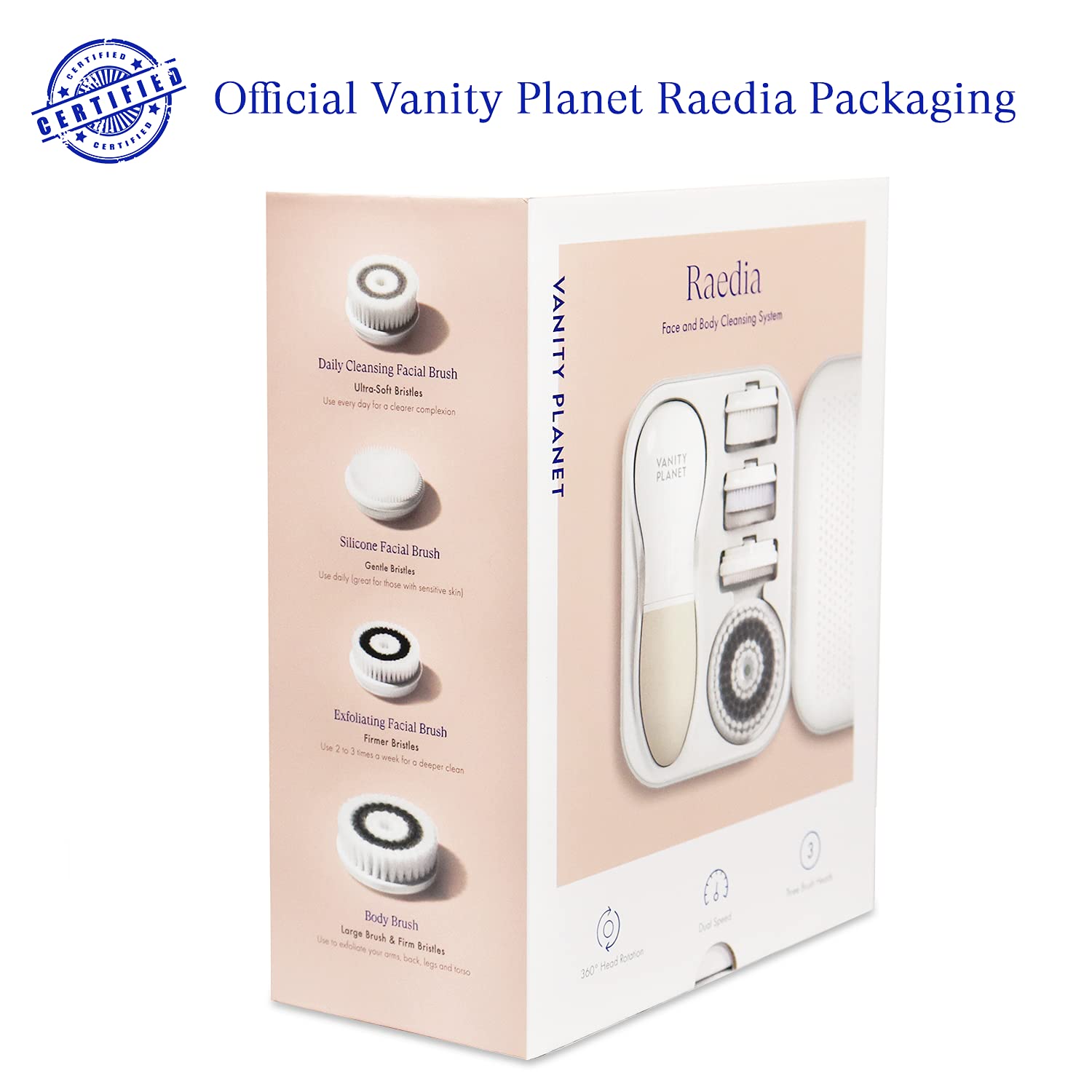 Vanity Planet Raedia Facial Cleansing Brush with 4 Interchangeable Brush Heads – Daily Cleansing, Glowing Skin, Lightweight Skin Brush/Face Exfoliator, Water Resistant (Warm Gray) : Beauty & Personal Care