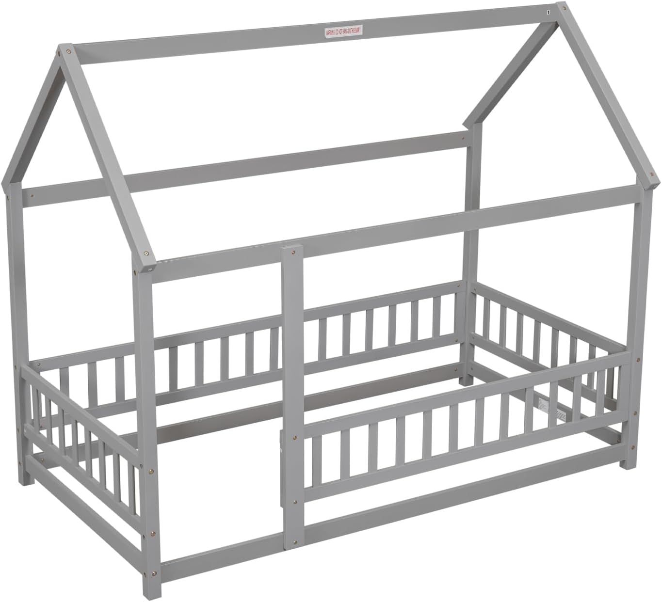 TRIPLE TREE Twin Size Wooden Floor Bed frame components, showing the house roof structure and guardrails before full assembly.