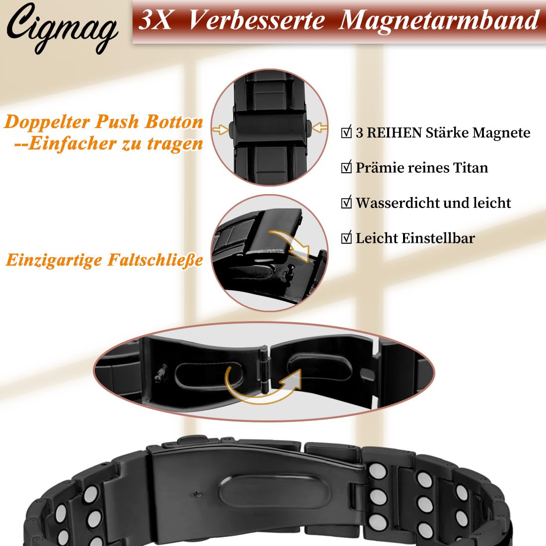 Lymphdrainage Magnetarmband Herren Ultrastarke Magnete Reines Titan verstellbar mit Entnahmewerkzeug und Geschenkbox (Schwarz)