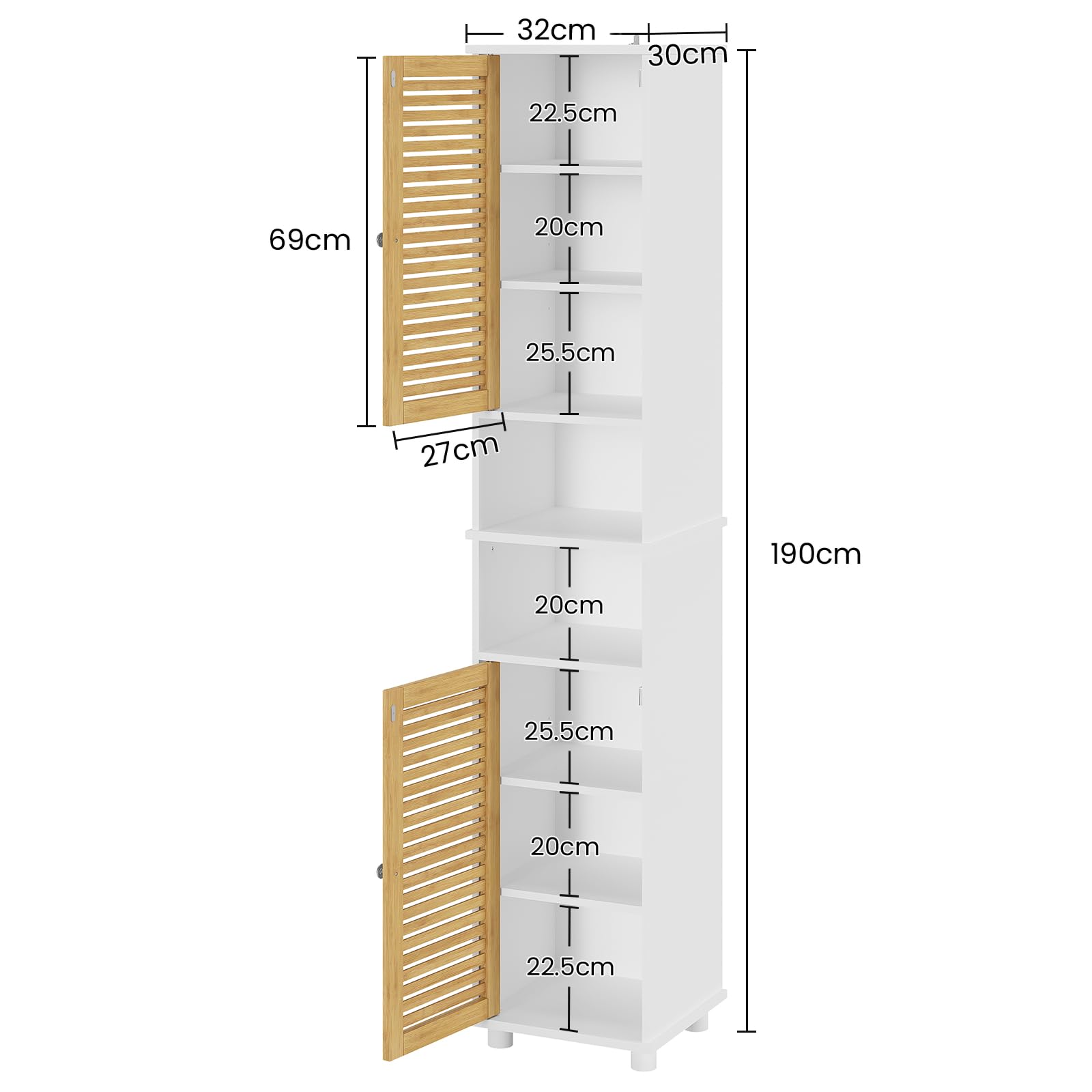 Meuble Colonne Salle de Bain, Armoire de Salle de Bain Haute avec 2 Étagères Ouvertes et 2 Portes en Bambou，Meuble pour Salon, WC, Cuisine, Entrée, 30 × 32 ×190 CM