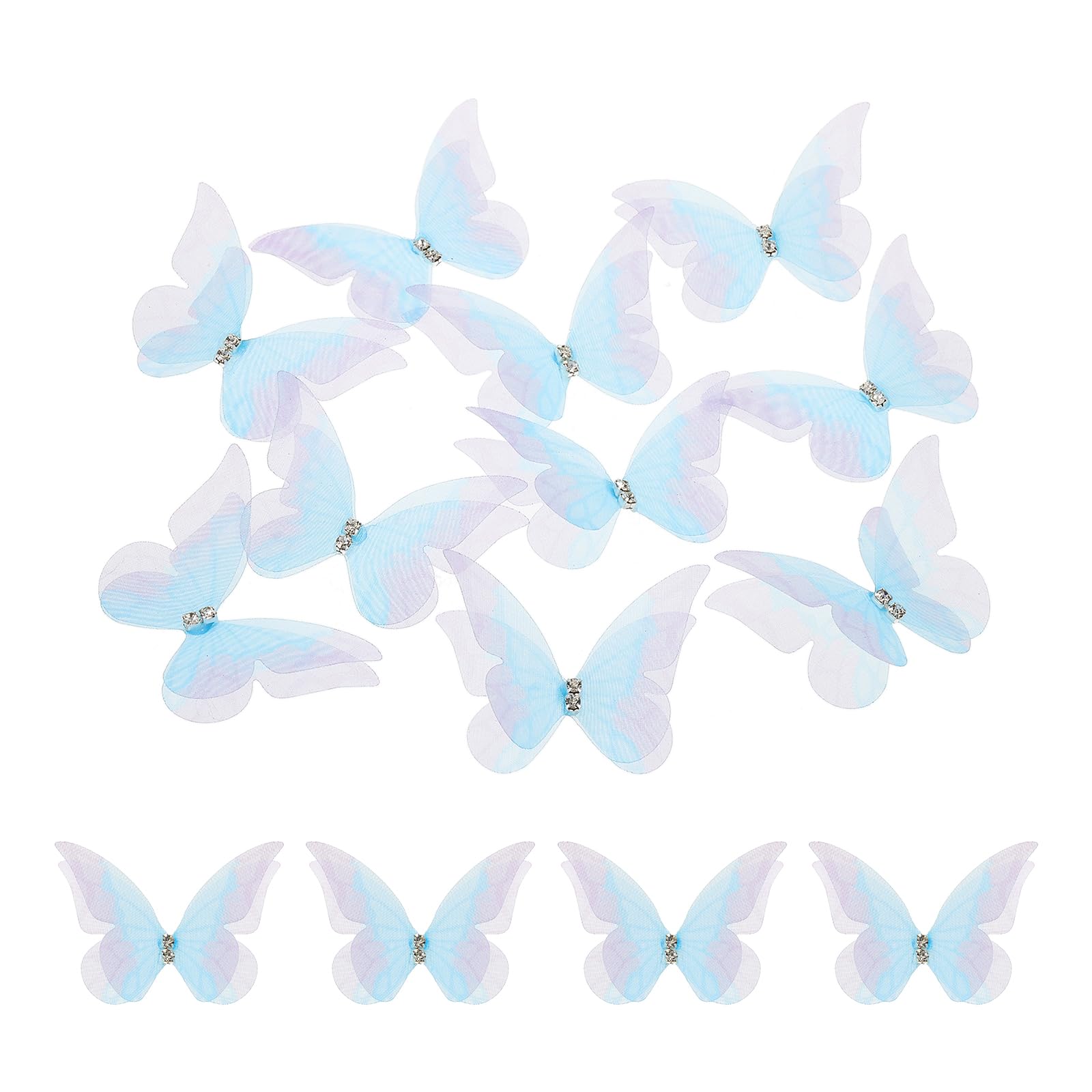 sourcing map 30Pcs Sheer Mesh Butterfly Appliques, 40mm Two Layers Butterflies with Gem Applique Patch DIY 3D Craft Ornament for Wedding Party Home Decor Clothes, Light Blue
