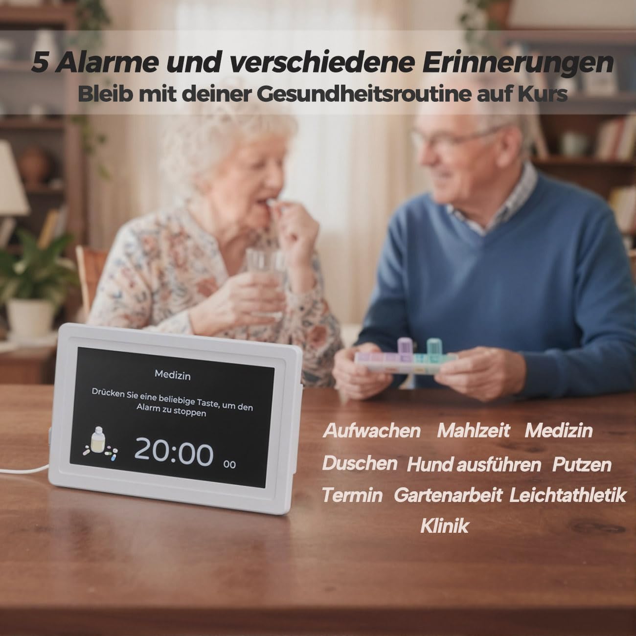 7'' Digitale Demenz-Uhr für Senioren - Große Schriftanzeige mit Uhrzeit, Datum, Wochentag, Temperatur, 5 Alarmen & 10 Erinnerungen, Automatische Dimmung, Weiß