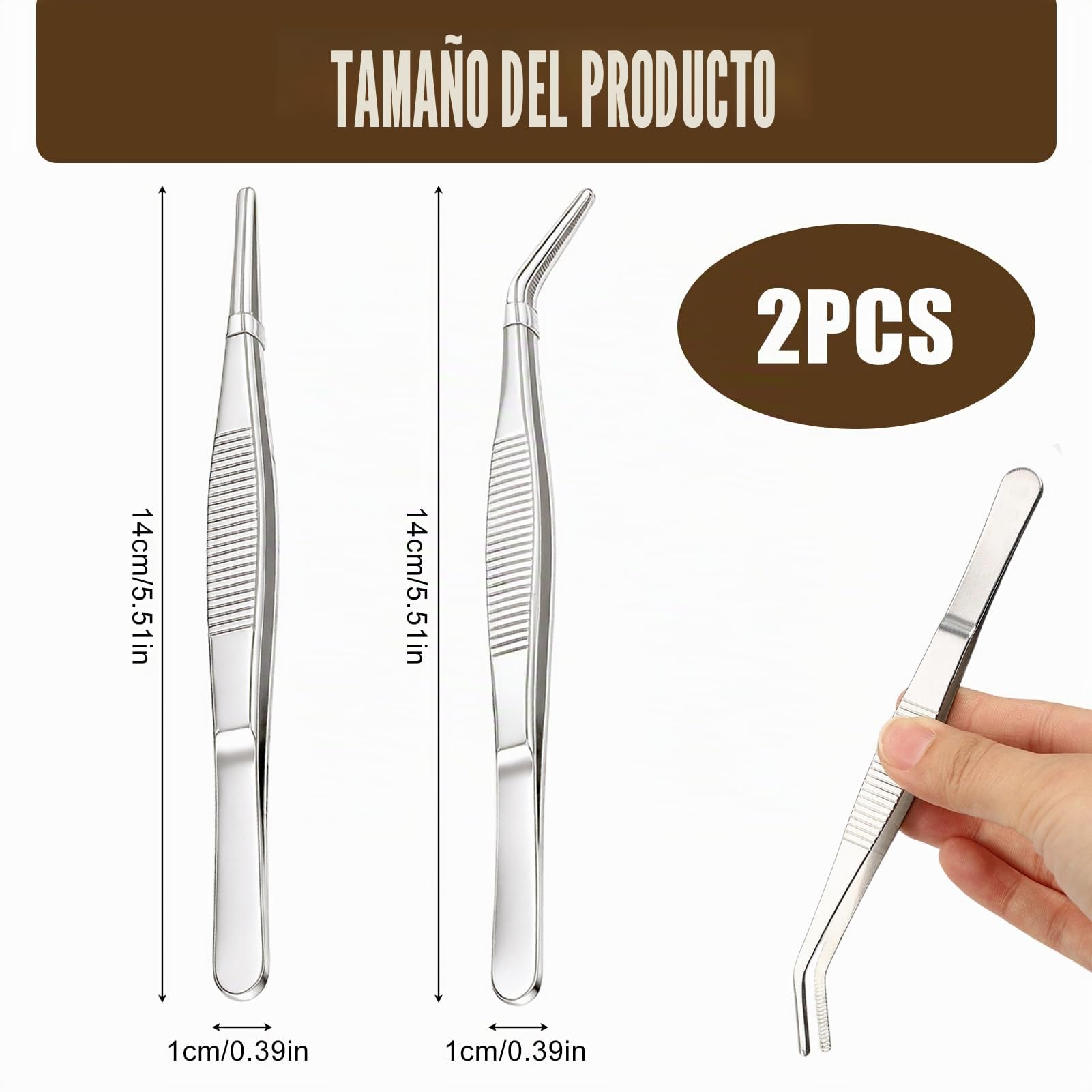 Pinzas Sanitarias de Acero Inoxidable 14 cm 2 Unidades Antideslizantes Punta Fina y Ancha Quirúrgicas