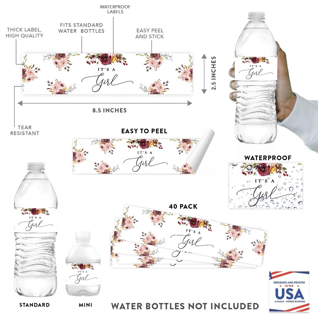 Andaz Press Fall Burgundy Marsala Baby Shower Party Collection, Water Bottle Label Stickers, It's a Girl!, Marsala Floral Graphic Design, 20-Pack