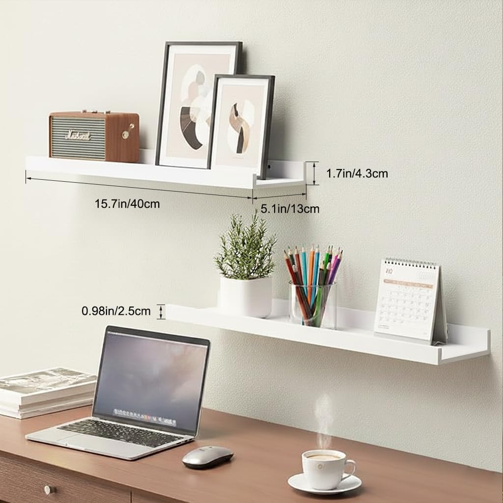 White Floating Shelves with Lip 16 Inch, Wall Mounted Picture Ledge, Small Wood Wall Shelf for Bathroom Bedroom Living Room, Display Shelf for Photos Frames Collectibles Set of 2