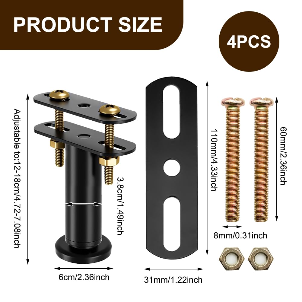 4 Piedini per Letto Piedini Regolabili,12-18 cm Gambe Letto,Rinforzo Doghe Letto,Nero Piedi Letto Gambe per Mobili per letti,doghe e mobili,piedini di ricambio