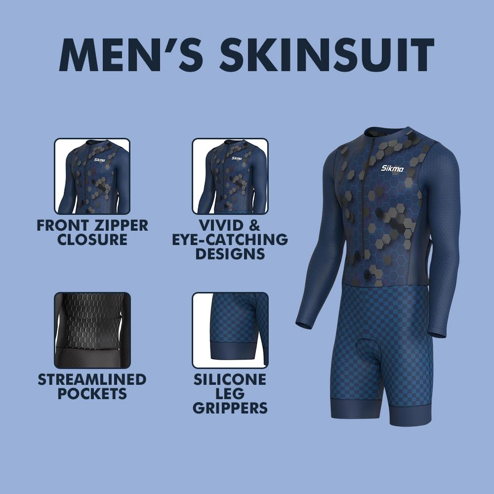 Sikma Traje de ciclismo para hombre, manga completa, acolchado de gel, aerodinámico, trisuit, triatlón sublimado