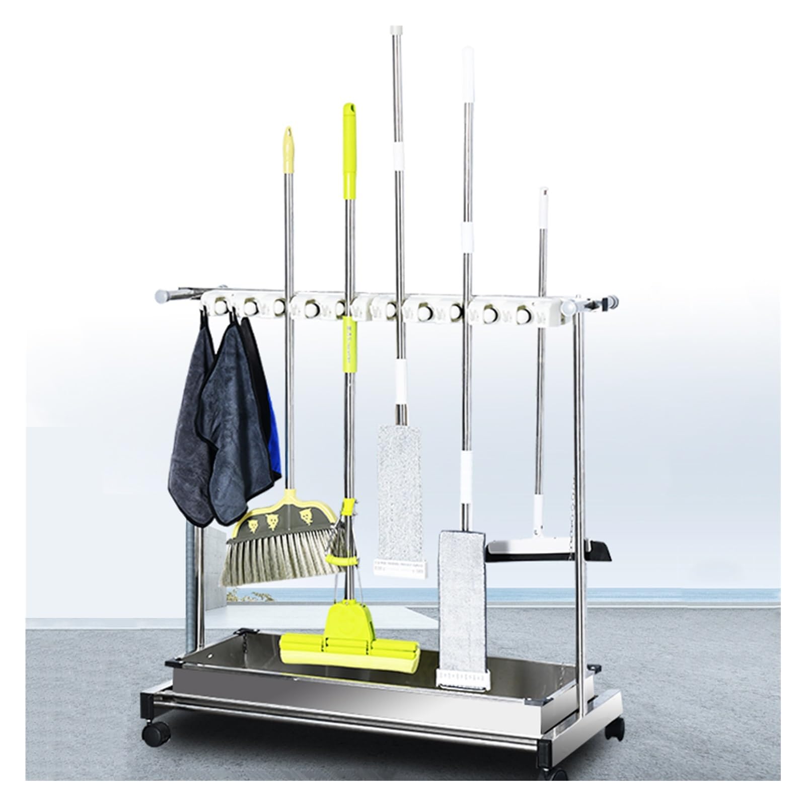 GOCHUSX Mop Rack with Wheels, Movable Broom Holder, Hand Trucks Broom, Commercial Cleaning Tool Cart, Garden Tool Storage for Put Wet Mops (Color : Black, Size : 67x51x102cm(10slots))