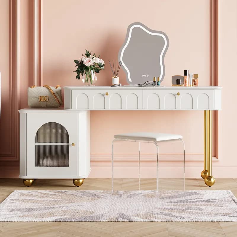 vandana interiors modern 39.4" white makeup vanity set dressing table with lighted mirror & cabinet & stool