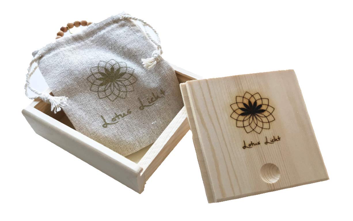 Mondstein Edelsteinschmuck Mala Edelsteinkette Yoga Meditation Geschenk-Set mit Holzbox Jute-Täschchen Affirmationskarten INTUITION Naturstein Sandelholz handgemacht in Deutschland