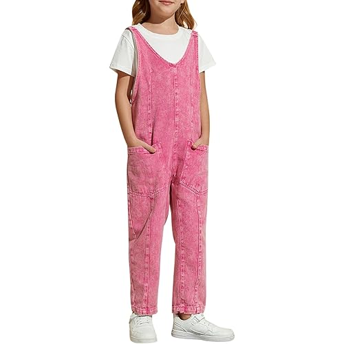 Girls High Roller Denim Jumpsuits Casual Sleeveless Loose Onesie Overalls Jeans Pants Jumpers with Pockets