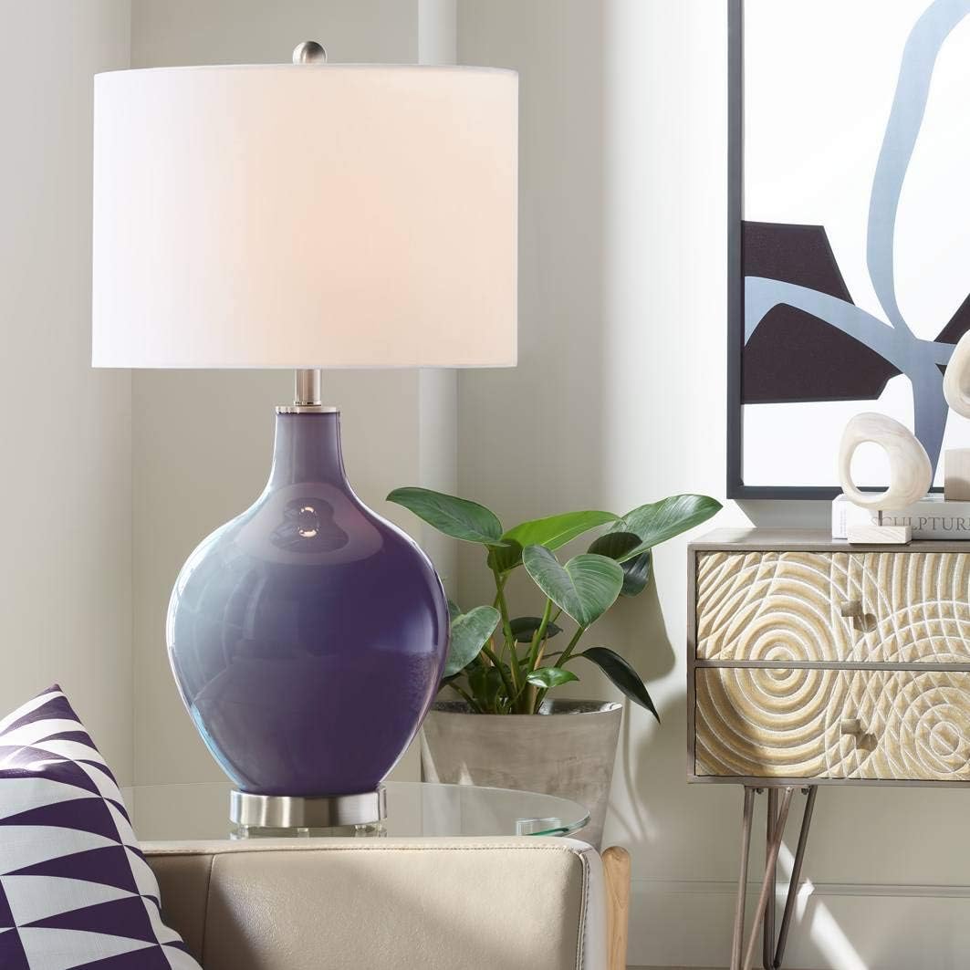 Color + Plus Modern Table Lamp 28.5" Tall Izmir Purple Glass OVO White Linen Drum Shade for Living Room Family Bedroom Bedside Nightstand