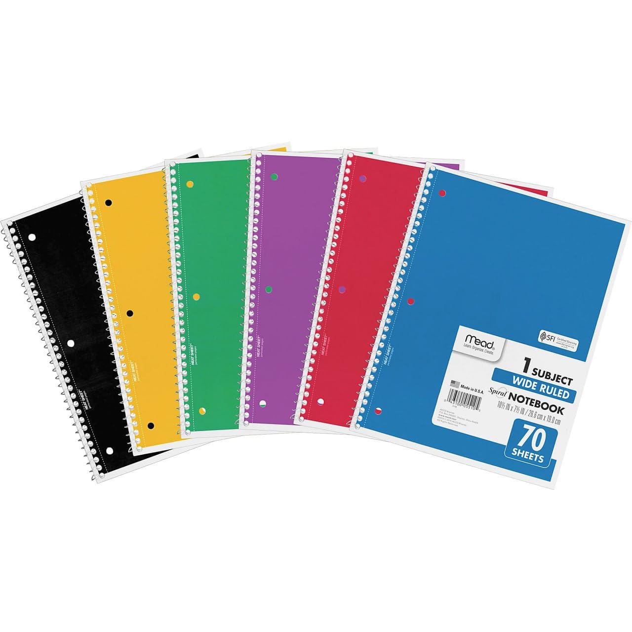 Mead Spiral Notebook, 1-Subject, Wide Rule, 70 Sh, 10-1/2"x8", Ast. - Pack of 1