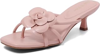 Shoe'N Tale Women's Floral Heeled Sandals Kitten Heel Flip Flop Mules Strappy Design Square Toe heels Summer Dressy Sandals for Party & Casual