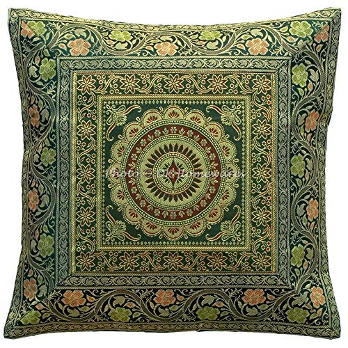 DK Homewares Ethnique Jacquard Chambre des Enfants 16x16 Vert foncé Brocart Housse de Coussin Mandala Floral Décoration de Maison Carré Taie d'oreiller (40x40 cm; Vert foncé)  -Set de 1 Pc Cover
