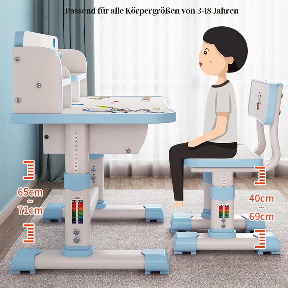 Kinder-Schreibtisch- und Stuhl-Set, höhenverstellbar, Cartoon-Muster, Lerntisch mit Schublade und Buchständer, ergonomischer Schüler-Schreibtisch