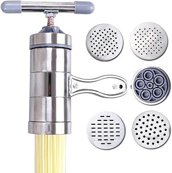 Manual Noodle Maker - Buckwheat Udon, Ramen, and Chinese Noodles Made Easy -Stainless Steel with 5 Caps and Pusher