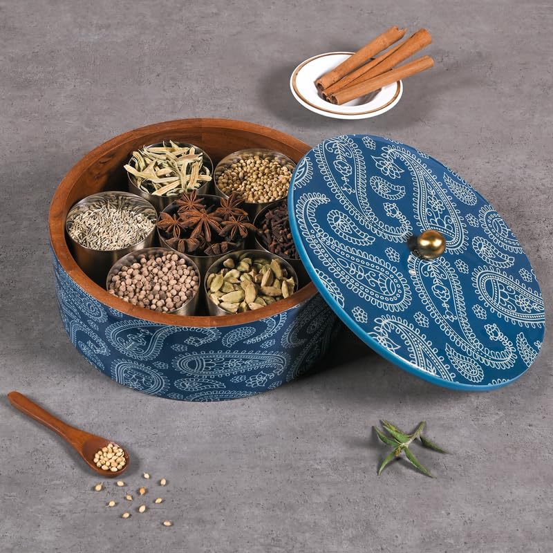 Image of Wooden Masala Box for Kitchen - 7 Stainless Steel Jars with Wooden Spoon | Stainless Steel Brass Lid with Knob | Multipurpose Dry Fruit & Spice Storage - Blue (Printed)