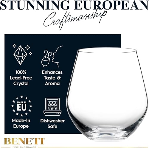 Miniatura 7 de BENETI Copas de vino sin tallo de alta calidad  Juego de 4 copas de vino sin tallo de 18 onzas fabricadas en Europa  Vasos de cristal para vino