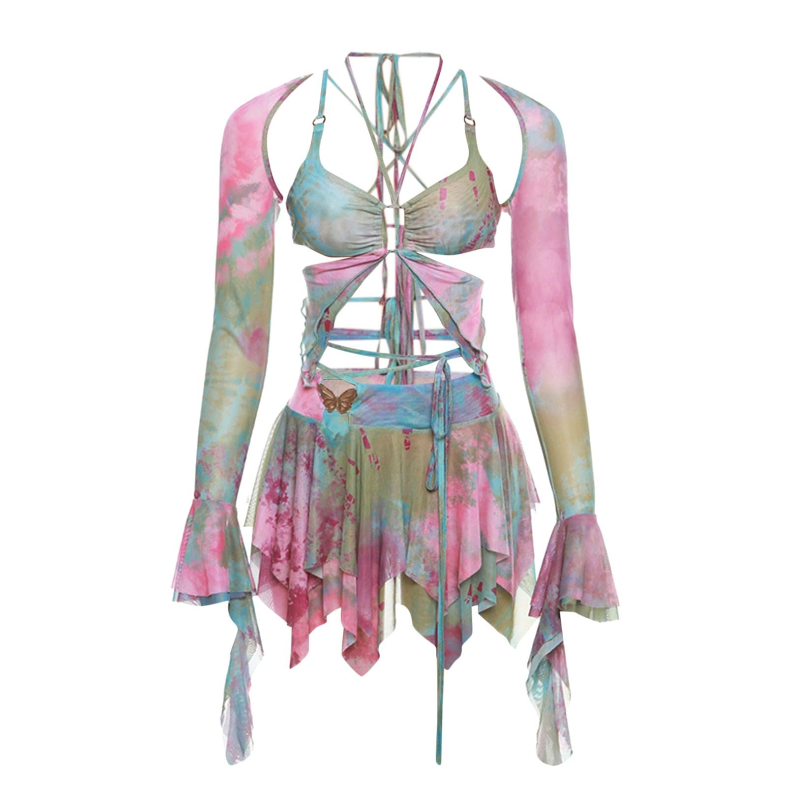 Generisch Mujer 3 piezas Verano Tie Dye Print Trajes Manga Larga Cizalla Malla Shrug Tops Chaleco Irregular Falda y Parte Superior sin vientre Conjunto de Cordones Rave Festival Streetwear Cosplay
