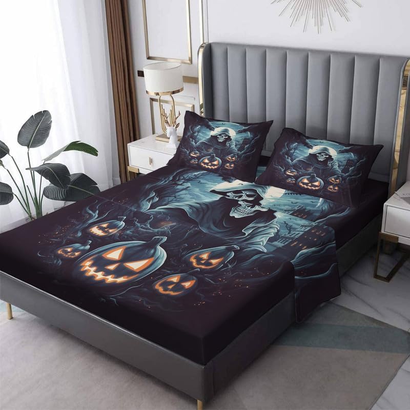 Juego de sábanas tamaño Queen  Juego de sábanas y fundas de almohada de calabaza de Halloween, microfibra suave, bolsillo profundo y sin arrugas, 1
