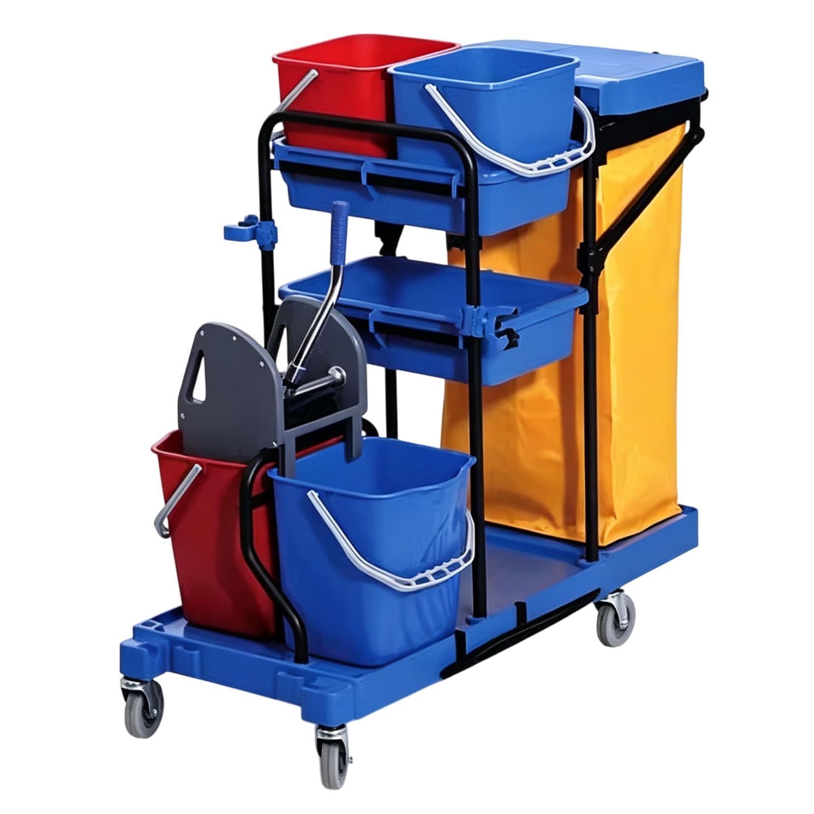 Carrello per Pulizie Commerciale su Ruote con secchi per mocio | Gruppo strizzatore, scaffali organizer a più livelli e sacco per rifiuti di grande capacità