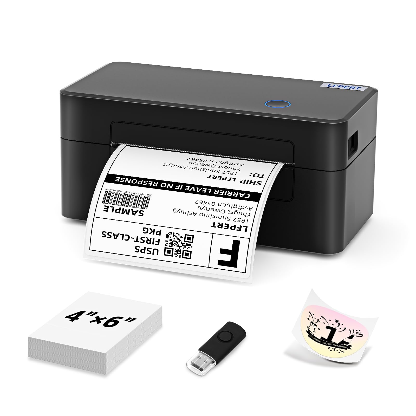 DB402 Etikettendrucker DHL - Thermodrucker USB für Shopify, Etsy, DHL, DPD, GLS, UPS, mit 20 Etiketten - 4x6 Versandetiketten Drucker Kompatibel mit Windows, Mac, Linux, Chromebook,Tiefschwarz