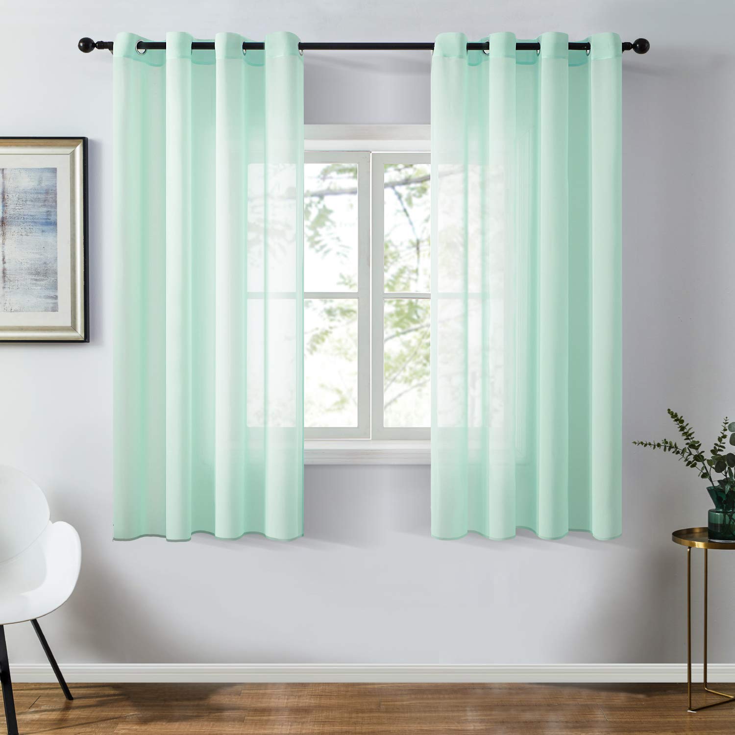Topfinel Chiffon Mint Green Sheer Curtains 54 Inch Length for Kitchen Cafe Soft Solid Grommet Window Curtains, Set of 2