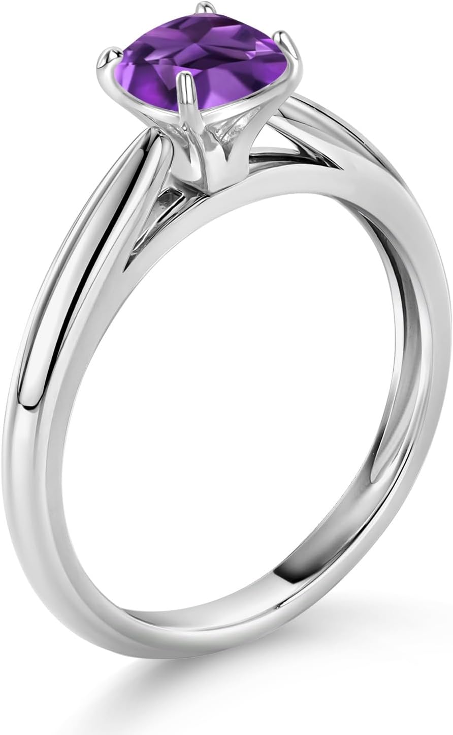 Gem Stone King 10K White Gold 5MM Cushion Cut Gemstone Birthstone Solitaire Engagement | Wedding Engagement Anniversary Promise Ring For Women | Available In Size 5, 6, 7, 8, 9