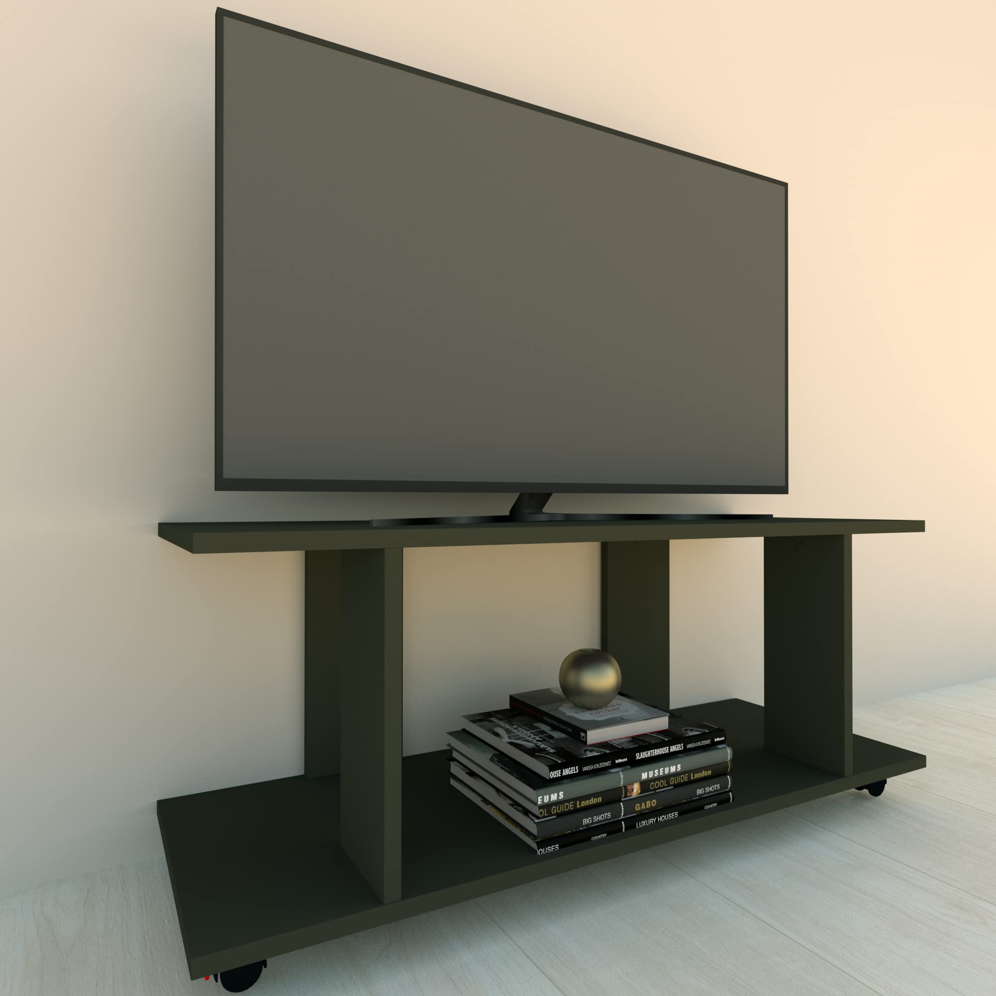 Henor Mesa Baja con Ruedas. Madera Mod. Pilar. 110 x 40 x 45.5 cm. Giro 360 con Freno. Grafito