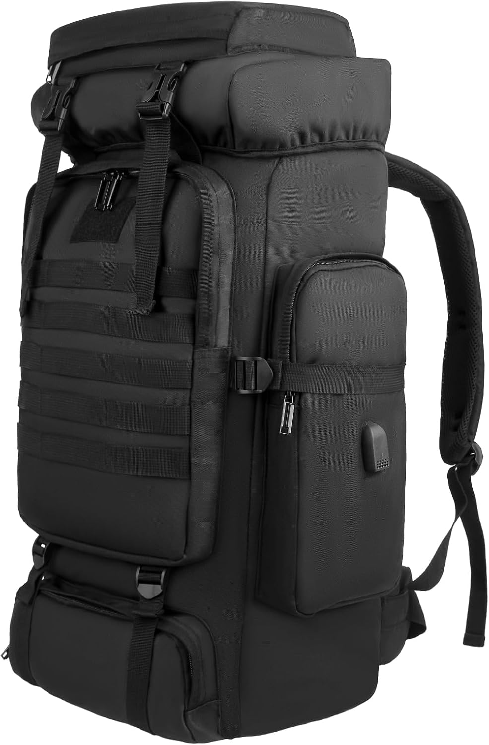 80L Hiking Backpack Large Capacity Tactical Durable Frame Molle Rucksack with USB Charging Port for Men Women Camping Climbing Outdoor Travel Trekking Gear (Black)