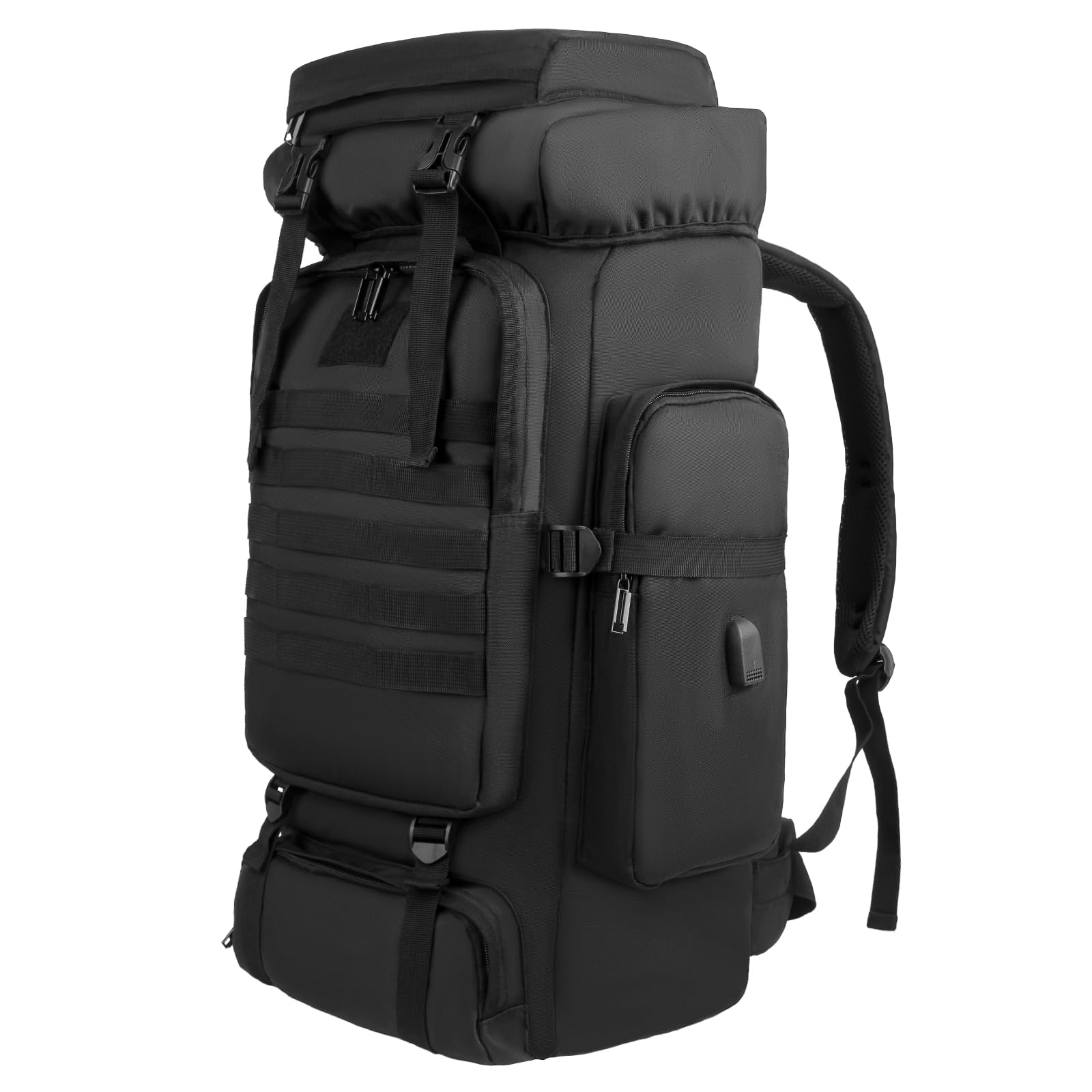 Sac à dos de randonnée Molle de grande capacité - Cadre tactique durable - 80 l - Sac à dos avec port de charge USB pour homme et femme - Pour le camping, l'escalade, l'extérieur, les voyages