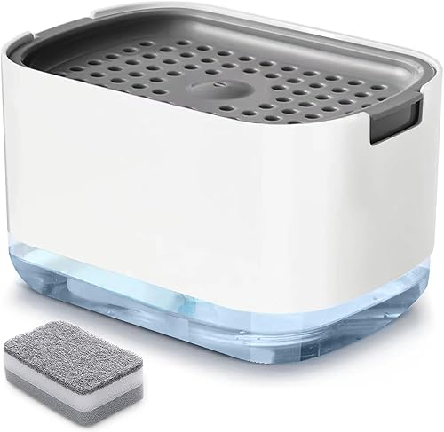 RUFCRIL Dispensador de bomba de jabón y soporte para esponja, dispensador de jabón para platos de 10 oz  10.1 fl oz para cocina, color blanco