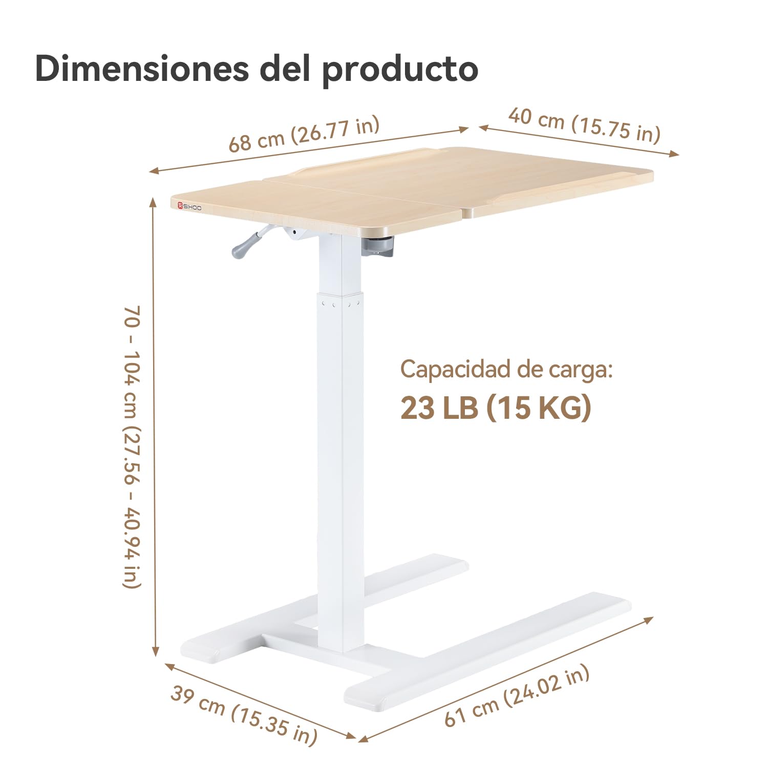 SIHOO D01 Escritorio Elevable Mesa Escritorio con Ruedas - Montaje Sencillo, Ajustable en Altura Neumático para Portátil/Cama/Uso Médico Hospital (Madera de Arce en Acabado Blanco)