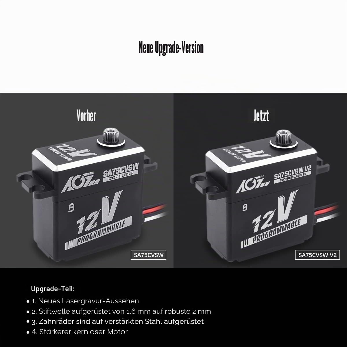 AGFRC 45KG Wasserdicht Digital Servo High Torque - Programmierbarer 12V Metal Gear Coreless Servo für 1/8 1/10 RC Modelle, Steuerwinkel 180° (SA75CVSW V2)