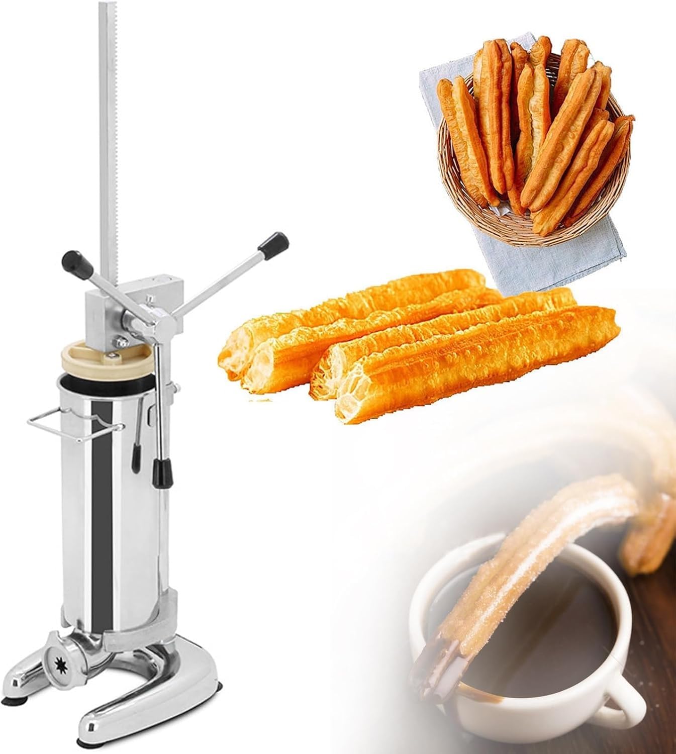 AWAYDD 2L/3L Commercial Manual Churro Maker - Stainless Steel Spanish Churrera Machine Latin Fruit Donut Machine Vertical with 5 Nozzles for Home Restaurants Bakeries(3L)