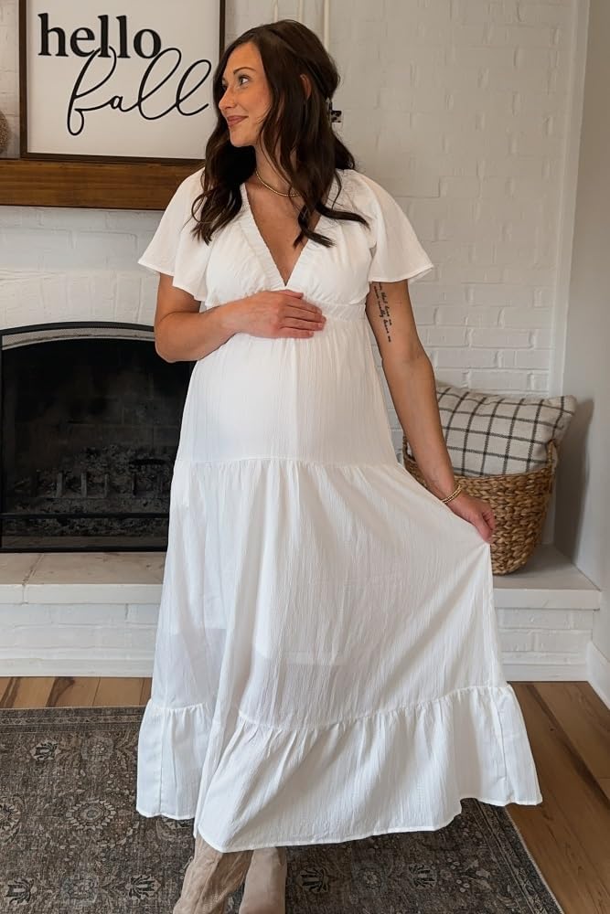 PinkBlush Deep V-Neck Flutter Sleeve Tiered Maternity Midi Dress