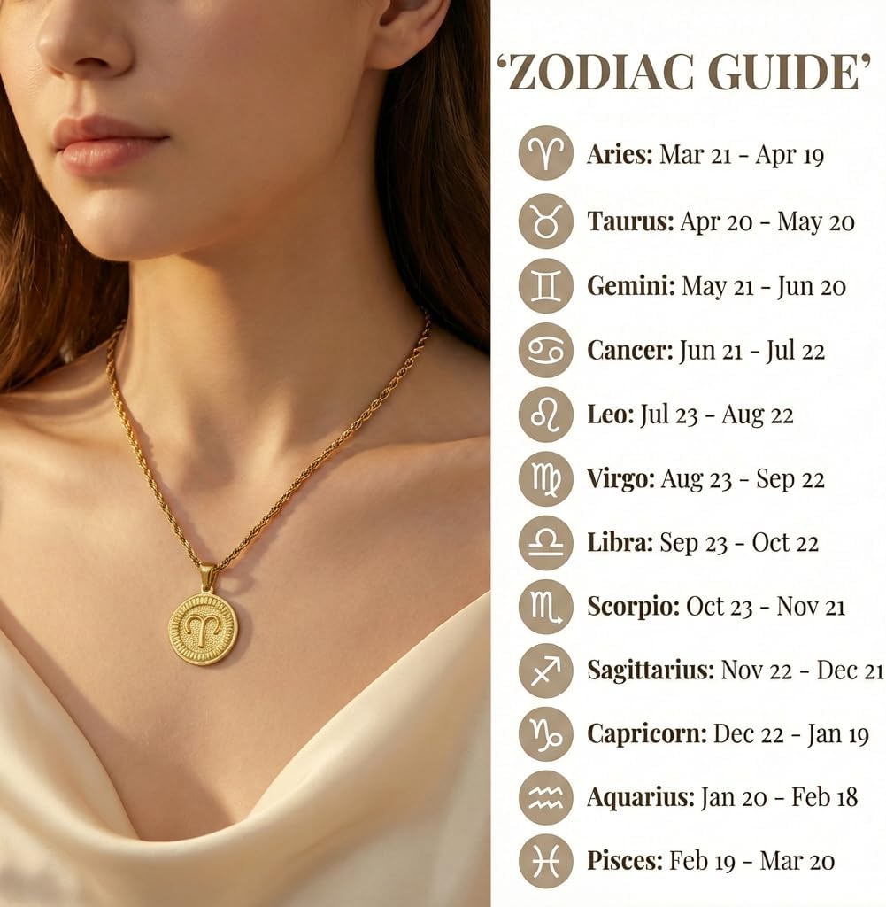 18K Gold Plated Zodiac Necklace for Women Men, Retro Coin Zodiac Sign Pendant Necklaces, Hypoallergenic & Anti-Tarnish, Adjustable Chain Horoscope Jewelry with Gift Box, Birthday Gifts for Her Him