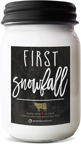 Milkhouse Candle Company, First Snowfall, Farmhouse Collection, vela de soja perfumada, vela en tarro de masón, 13 onzas