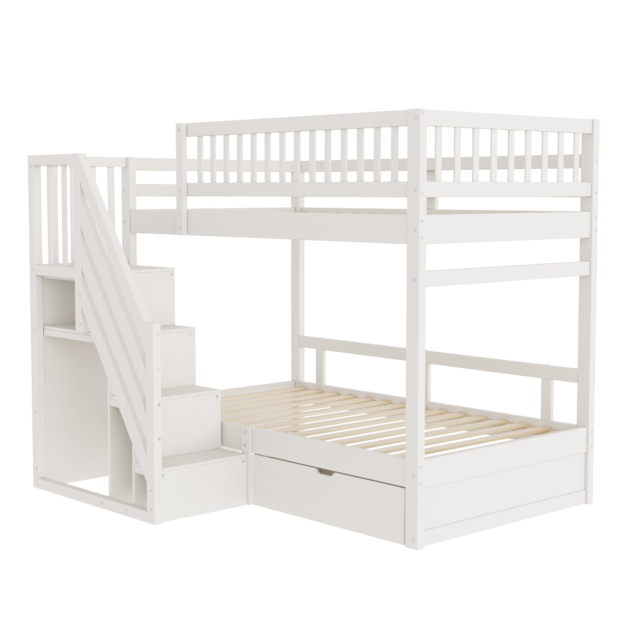 Soweiz Lettino per bambini 90 x 200 cm, in legno massello con rete di sicurezza elevata, con rete a doghe, scala di sicurezza con vano portaoggetti, letto per ragazzi (bianco)