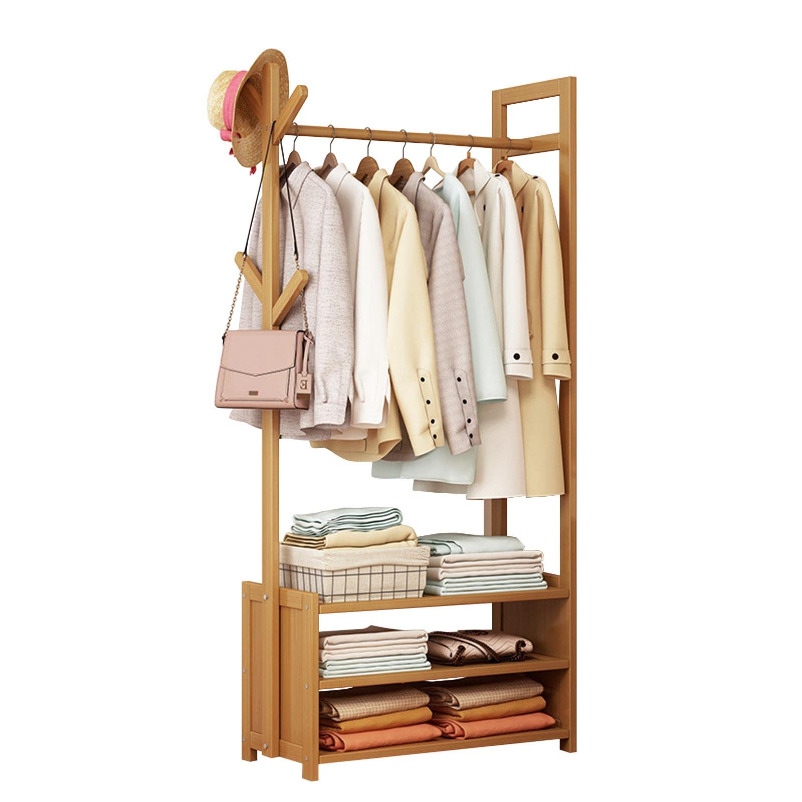 Cintre à vêtements autonome en bambou avec étagères | Rangement dressing ouvert 7 niveaux