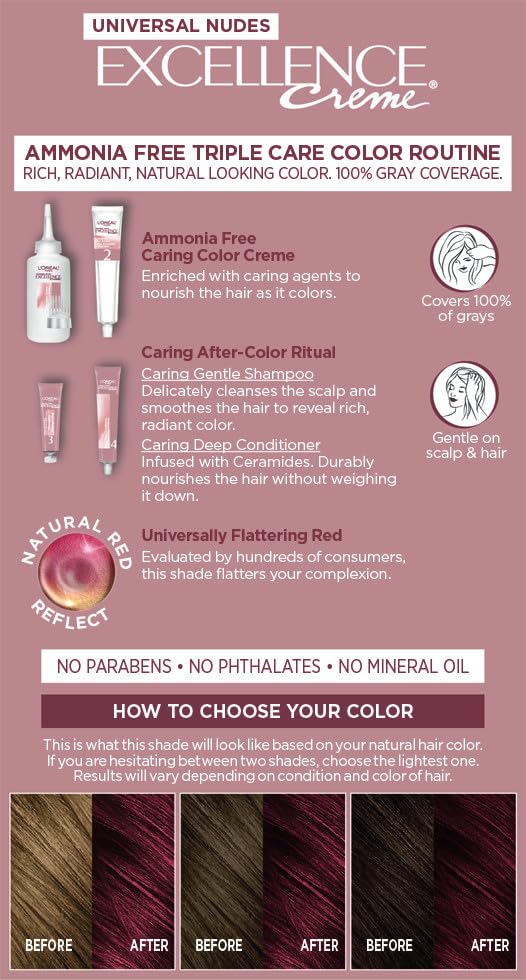 Image of L'Oreal Paris Excellence Universal Nudes Permanent Hair Color, Ammonia Free Hair Dye for Gray Hair Coverage, 4NR Natural Dark Red, 1 Hair Dye Kit