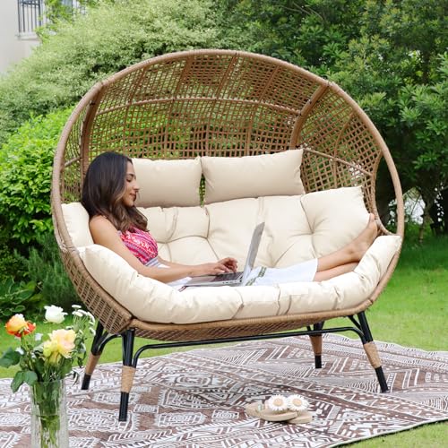 NICESOUL® Double Egg Chair Indoor Outdoor Stationary Oversized 6.5' Thick Padded Cushions,2 Person Egg Wicker Loveseat Chair,680 lbs Extra Large Lounge Chair for Patio Balcony Porch Backyard Beige