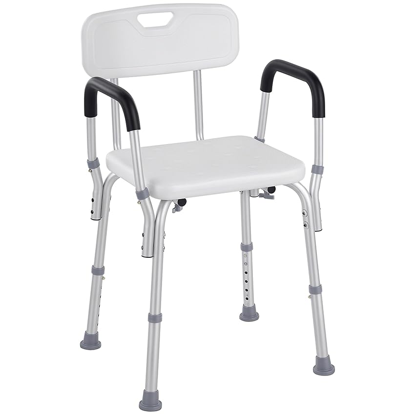 HOMCOM Sedia Doccia con Schienale, Braccioli, Sgabello Doccia in Alluminio con Altezza Regolabile a 6 Livelli 71-84cm e Piedini Antiscivolo, per Anziani e Disabili, Bianco